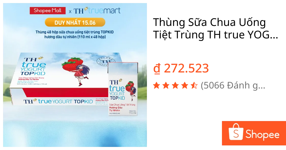 Thùng Sữa Chua Uống Tiệt Trùng TH true YOGURT TOPKID milk Hương Dâu 110ml (48 Hộp)
