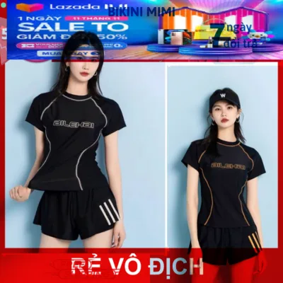 Bikini đi biển du lịch đồ bơi đồ gym nữ kín đáo đùi 2023 ngắn Tay đi biển Hàn Quốc 2 mảnh kiểu Đẹp Co Giãn thể thao năng động
