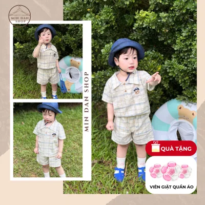 Set Bộ Đũi Kẻ Thêu Gấu Cho Bé Trai - Bộ Cộc Tay Bé Trai Chất Đũi Xước Mềm Mát Style Hàn Quốc Đi Biển Đi Chơi