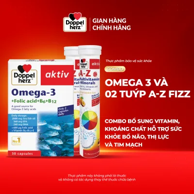 Combo Supplement of Vitamins, Minerals, Brain and Heart Supplements Doppelherz Omega 3 (30 Tablets) + 02 Tubes of A-Z Fizz Effervescent Tablets (13 Tablets)