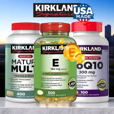 Thực phẩm bổ sung Kirkland Signature Vitamin E / CoQ10 / Omega 3 Fish Oil / Multivitamin & Khoáng Chất cho người lớn 50+