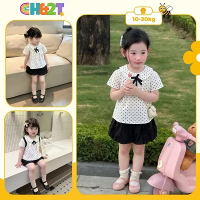 Set bộ bé gái áo cổ sen chấm bi kèm quần dáng bí dễ thương, bộ đồ mềm mát cho bé đi học đi chơi H&2T Baby Kid - M47