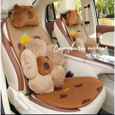 Bộ tựa đầu tựa cổ ô tô Capy bara Bộ tựa trang trí ghế ô tô màu nâu hoạt hình Tựa đầu tựa lưng ghế ô tô