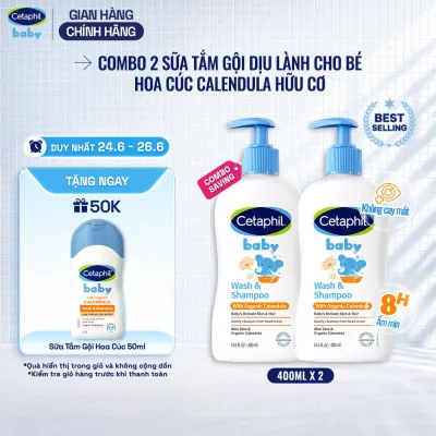 Combo 2 Sữa tắm gội dưỡng ẩm dịu lành cho bé Calendula hoa cúc hữu cơ CETAPHIL BABY W&SHAMPOO CALENDULA 400ML/chai