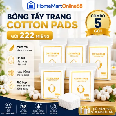 COMBO 5 Gói Bông Tẩy Trang 222 Miếng Cotton Pads 3 Lớp Sợi Tự Nhiên Mềm Mịn HM68