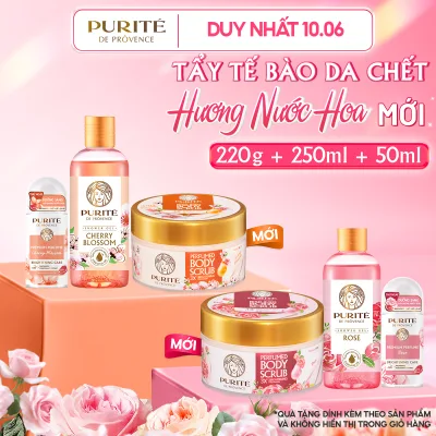 Combo Tẩy Tế Bào Da Chết Dưỡng Sáng Purité Hương Nước Hoa Hoa Anh Đào/ Hoa Hồng 220G & Sữa Tắm 250ML & Lăn Khử Mùi 50ML