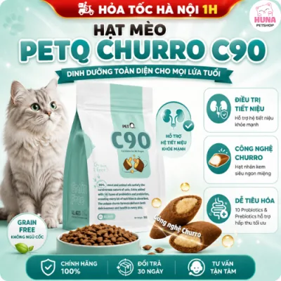 THỨC ĂN HẠT CHO MÈO CHURRO C90 – C90K – C90U PETQ HẠT CÓ NHAN 90% THỊT – TIẾT NIỆU – huna