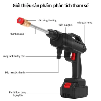 Máy rửa xe sạc pin không dây cao áp đa năng kèm phụ kiện dùng cho ô tô xe máy xa đạp tưới cây