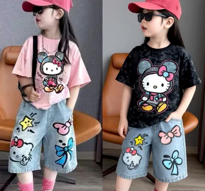 Set of Cotton T-Shirts with Cute Printed Patterns Paired with Cat Pants for Girls