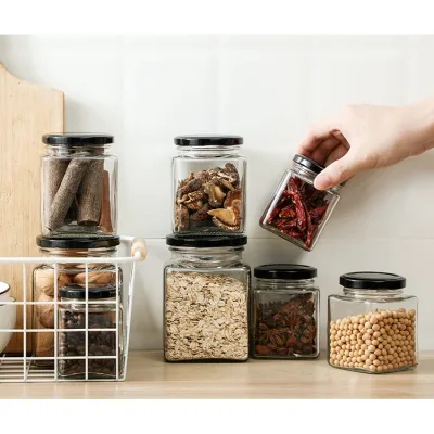 HŨ THỦY TINH ĐỦ SIZE Hũ thủy tinh vuông nắp thiếc đen đầy đủ kích thước phù hợp đựng gia vị , đồ khô