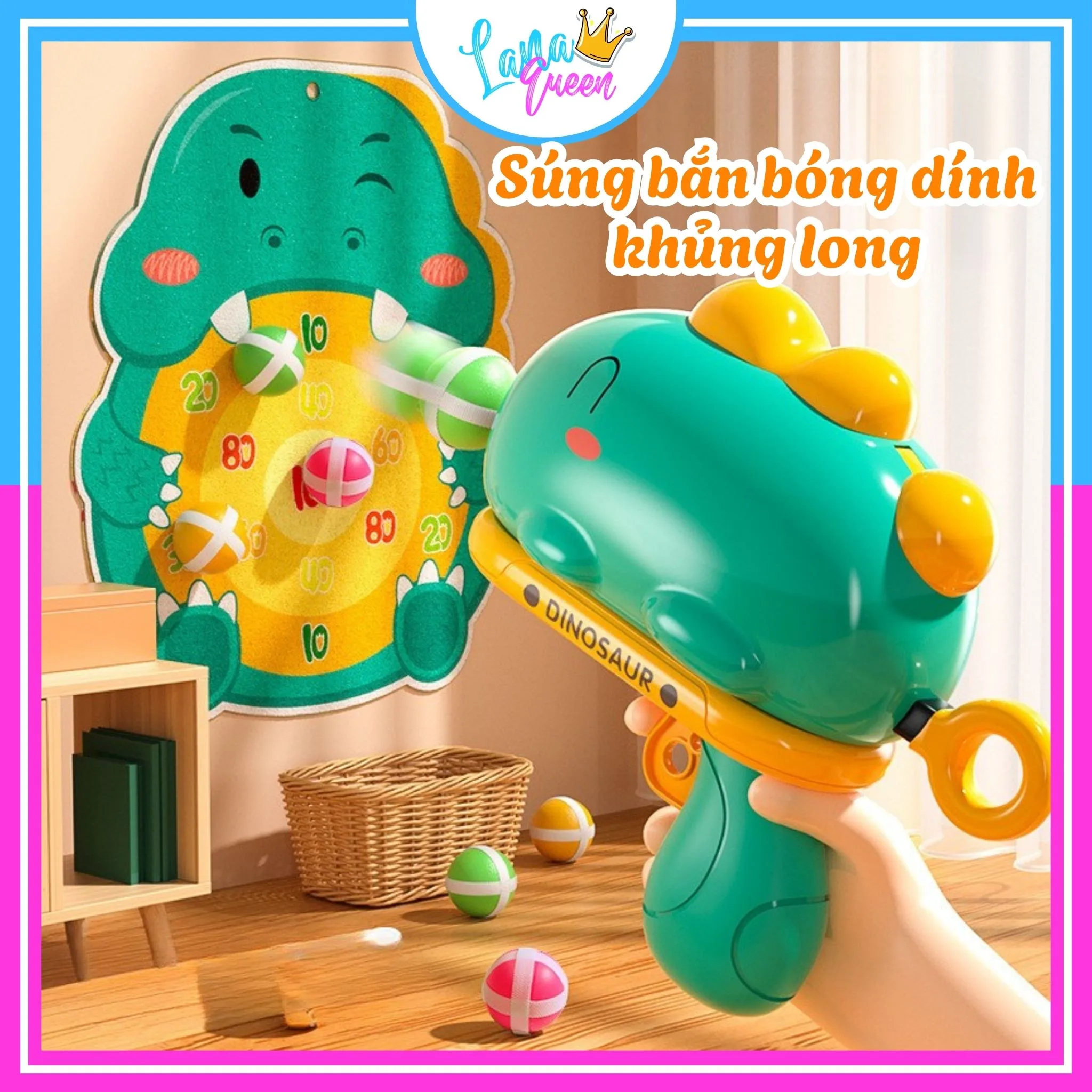 Đồ chơi khủng long bắn bóng dính, bắn bóng kèm bảng phi tiêu dính khủng long - Lana Queen