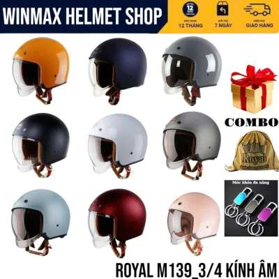COMBO Mũ Bảo Hiểm Royal 3/4 M139 Mũ Kính Âm Chính Hãng BH 12 Tháng Size M/L/XL/2XL Kèm Móc Khóa