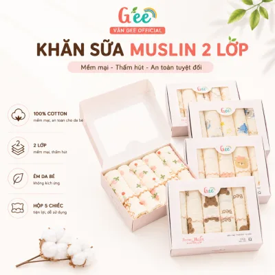 Set 5 khăn sữa Muslin Gee 2 lớp in hình (30x30) Gee - mềm mịn, thấm hút và êm ái không bụi vải cho bé sơ sinh.