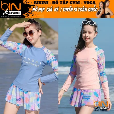 Đồ bơi bé gái 2 mảnh kín đáo áo tay dài quần đùi váy họa tiết nhiều màu dễ thương size từ 18-26kg BINSPORTS BB099