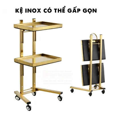 Xe Đẩy Mạ Vàng 2 Tầng, Kệ Xe Đẩy Inox Mạ Vàng 304 Cao Cấp, Xe Đựng Dụng Cụ Tiêm Filler, Đồ Spa, Dụng Cụ Y Tế Thẩm Mỹ