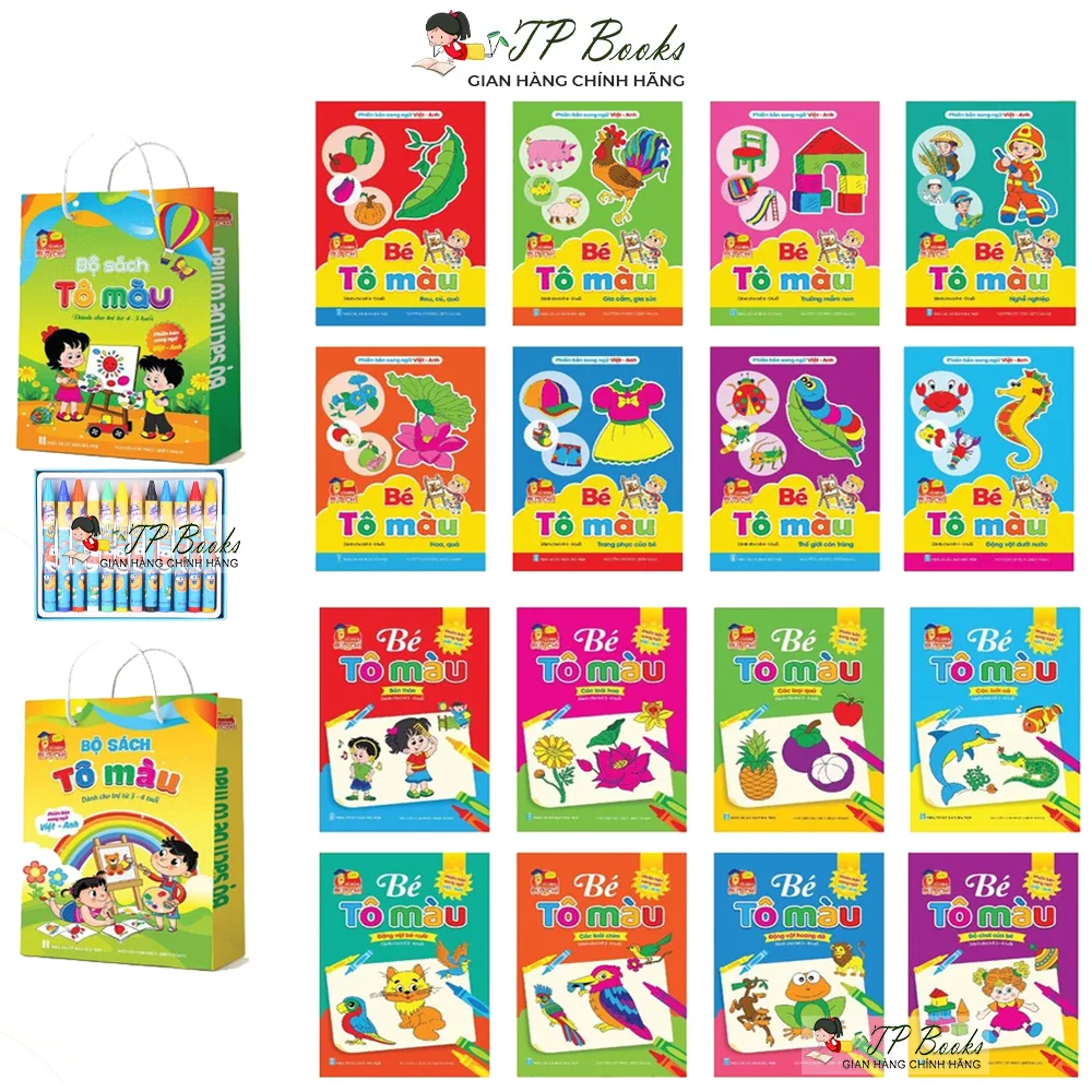 Combo 16 Quyến Sách Tô Màu Song Ngữ Anh Việt Cho Bé Từ 3-5 Tuổi - Nhiều Chủ Đề - Kèm Hộp Màu - Đồ Chơi Phát Triển Trí Thông Minh Cho Trẻ Em